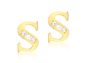 9ct Yellow Gold Initial 'S' Crystal Stud Earring