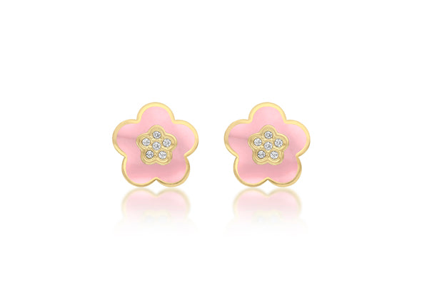 9ct Yellow Gold CZ Pink Enamel Flower Stud Earrings