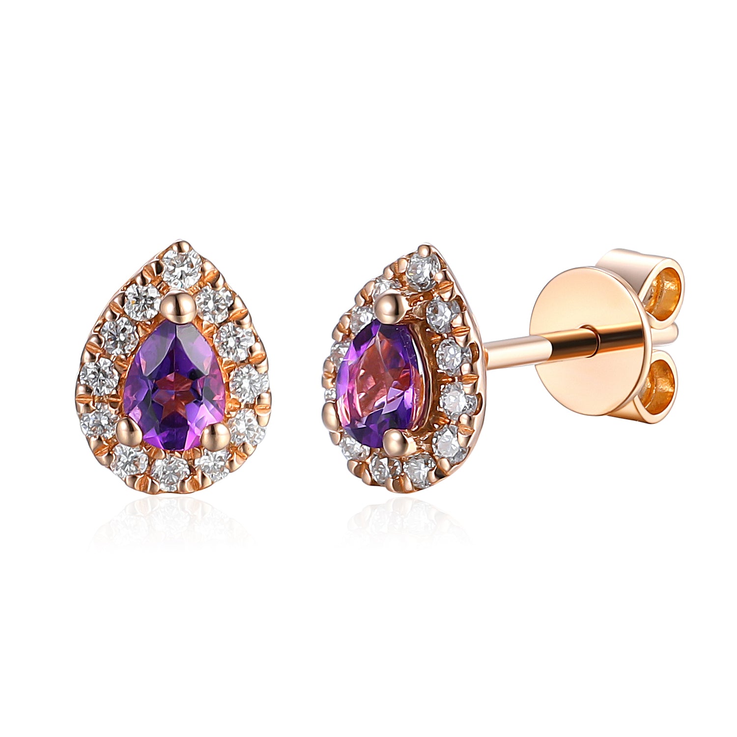 Amethyst & Diamond Stud Earrings, Pear Shape February Birthstone 18ct Gold