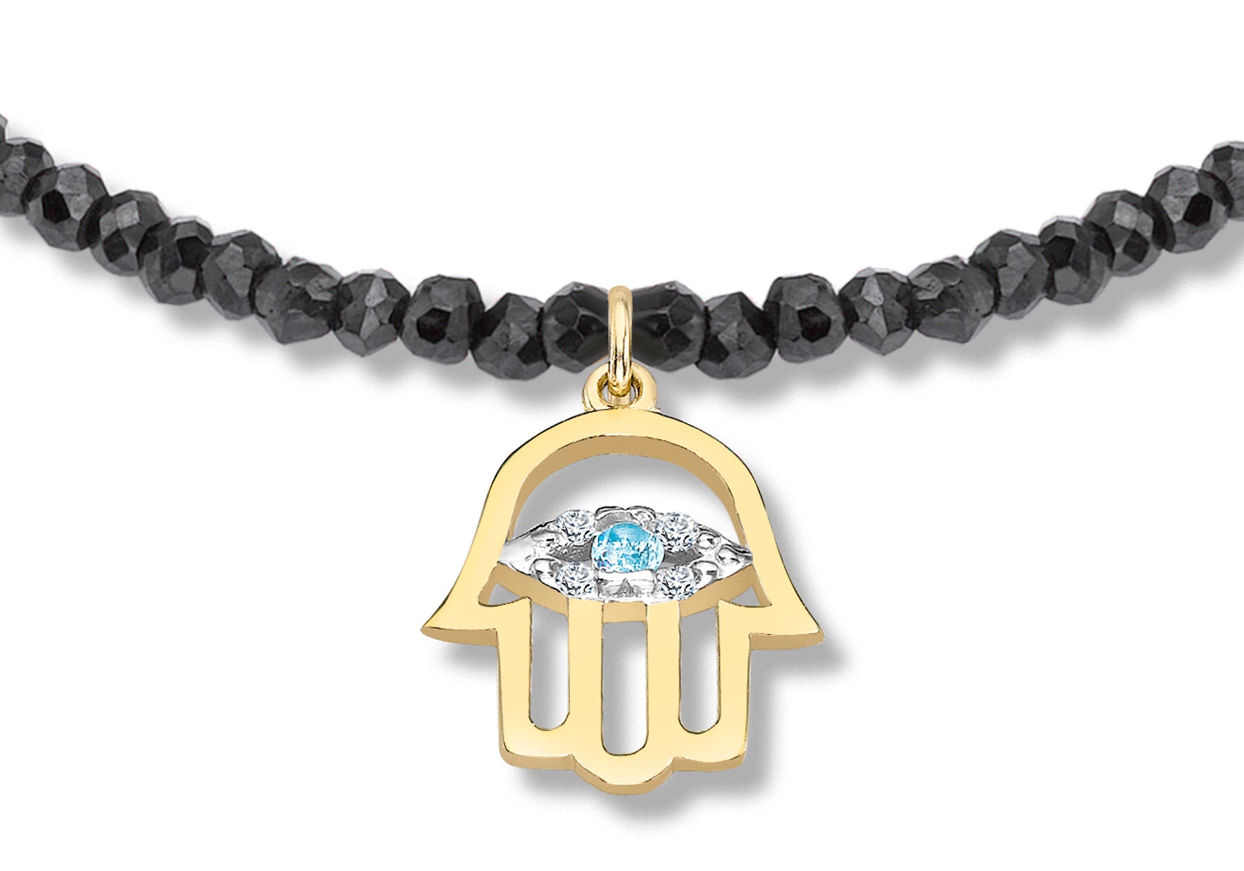 Black Spinel Hanging Hamsa Blue Topaz and Diamond Gold Bracelet