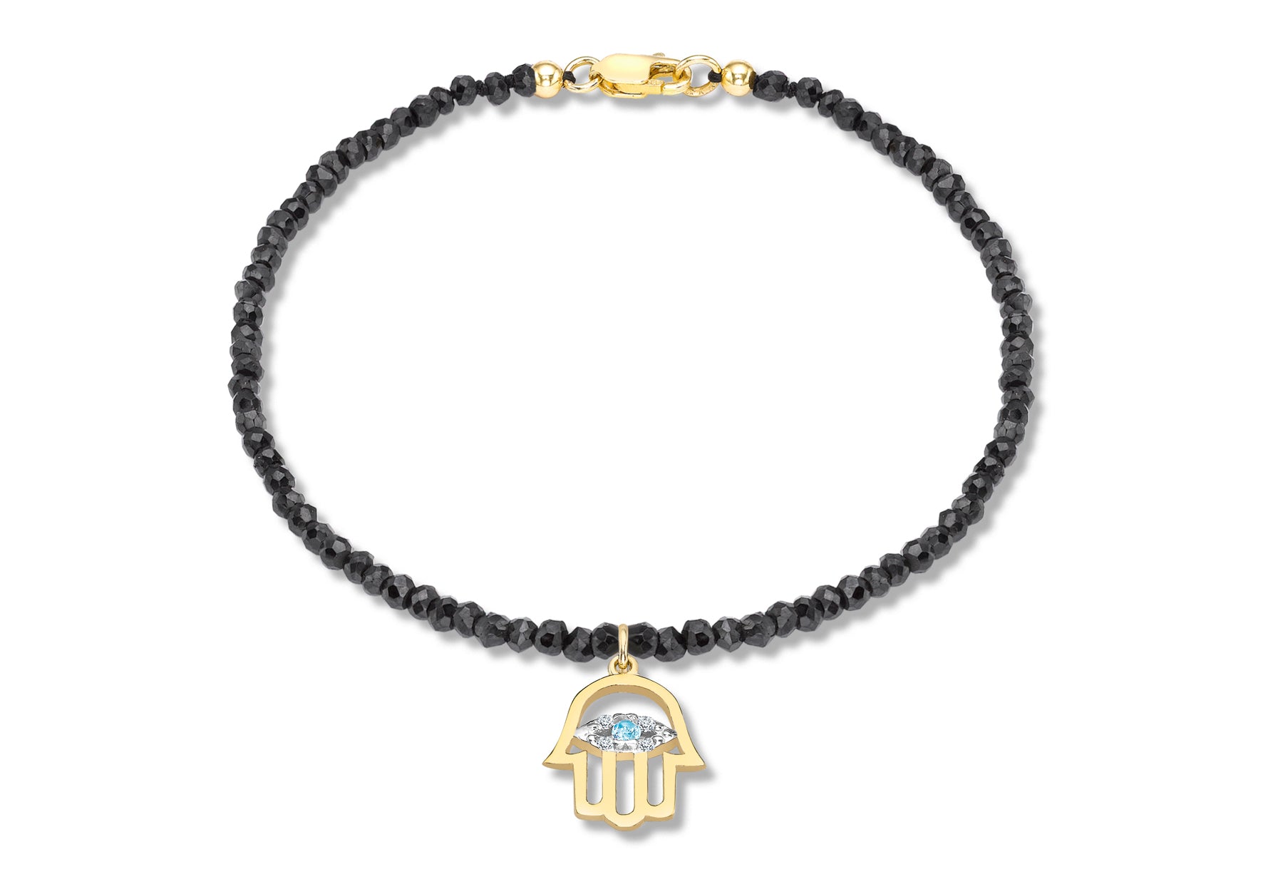 Black Spinel Hanging Hamsa Blue Topaz and Diamond Gold Bracelet