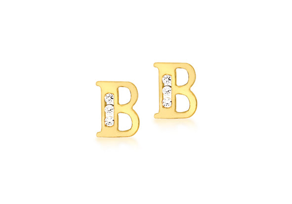 9ct Yellow Gold Initial 'B' Crystal Stud Earring