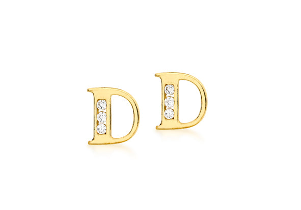 9ct Yellow Gold Initial 'D' Crystal Stud Earring