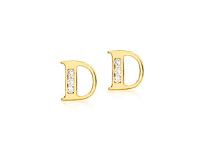 9ct Yellow Gold Initial 'D' Crystal Stud Earring