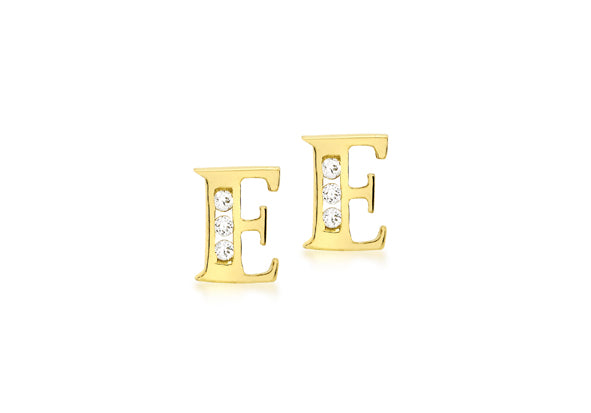 9ct Yellow Gold Initial 'E' Crystal Stud Earring