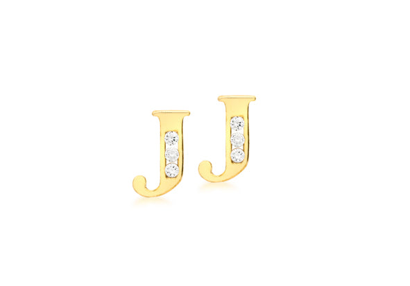 9ct Yellow Gold Initial 'J' Crystal Stud Earring