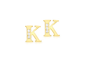 9ct Yellow Gold Initial 'K' Crystal Stud Earring