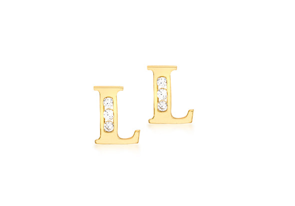 9ct Yellow Gold Initial 'L' Crystal Stud Earring