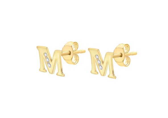 9ct Yellow Gold Initial 'M' Crystal Stud Earring