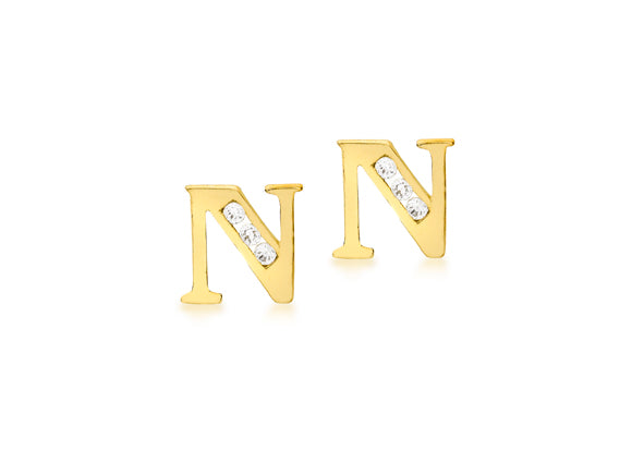 9ct Yellow Gold Initial 'N' Crystal Stud Earring