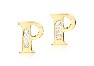 9ct Yellow Gold Initial 'P' Crystal Stud Earring
