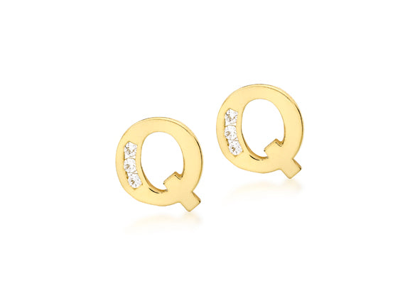 9ct Yellow Gold Initial 'Q' Crystal Stud Earring