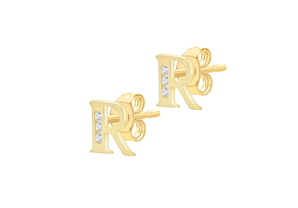9ct Yellow Gold Initial 'R' Crystal Stud Earring