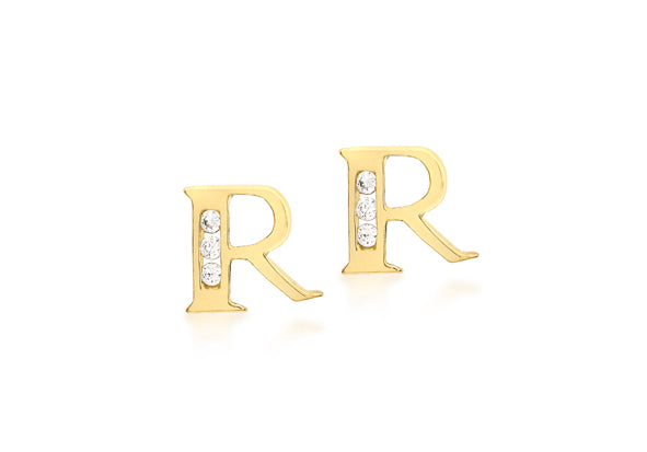 9ct Yellow Gold Initial 'R' Crystal Stud Earring