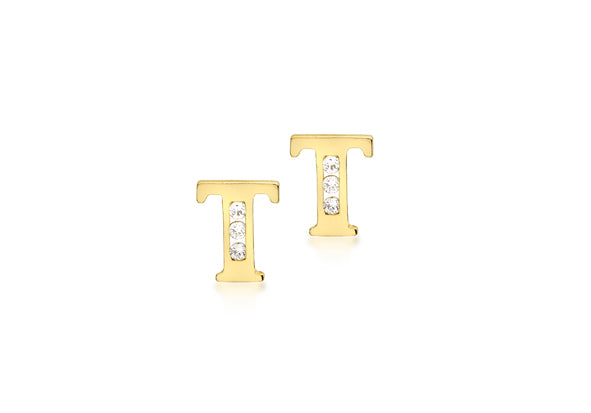 9ct Yellow Gold Initial 'T' Crystal Stud Earring
