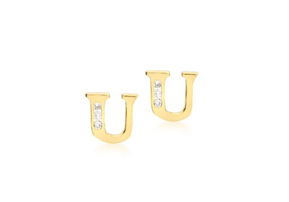 9ct Yellow Gold Initial 'U' Crystal Stud Earring