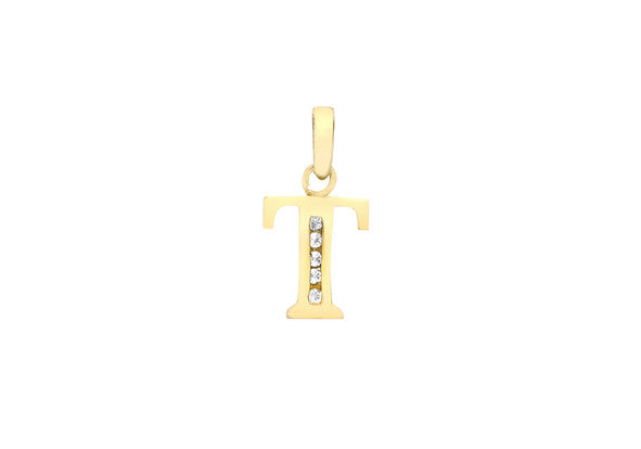 9ct Yellow Gold Crystal Set 'T' Initial
