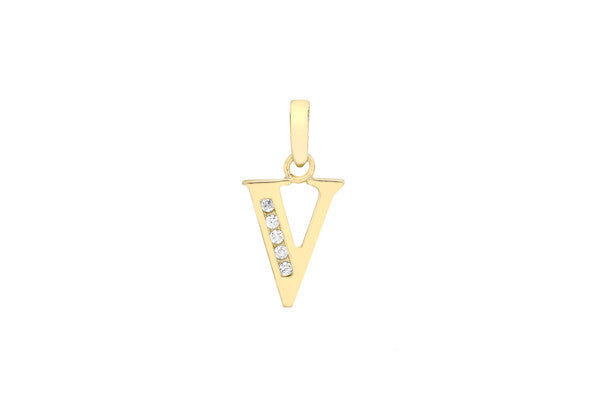 9ct Yellow Gold Crystal Set 'V' Initial