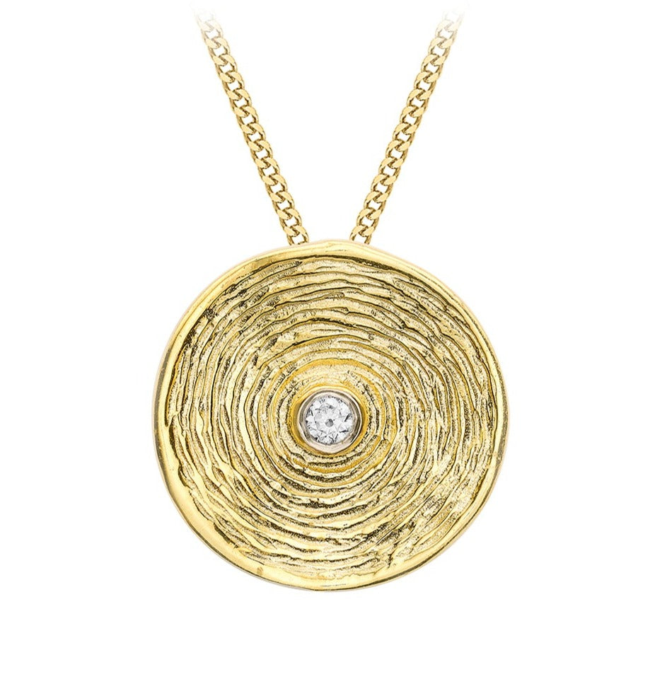 9ct Yellow Gold Brushed Swirl Disc with CZ