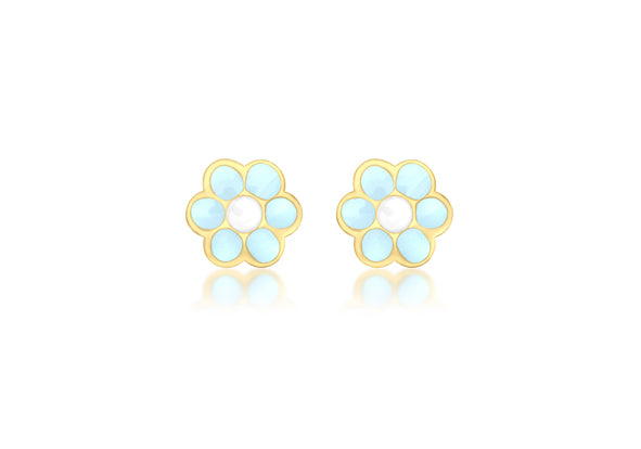 9ct Yellow Gold Blue Enamel Flower Stud Earring