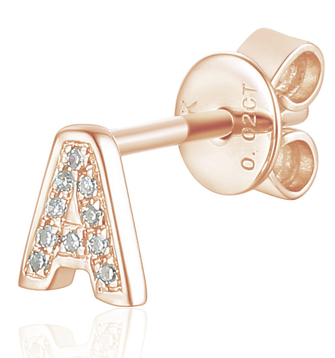 Diamond A Initial Single Stud 9ct Rose Gold