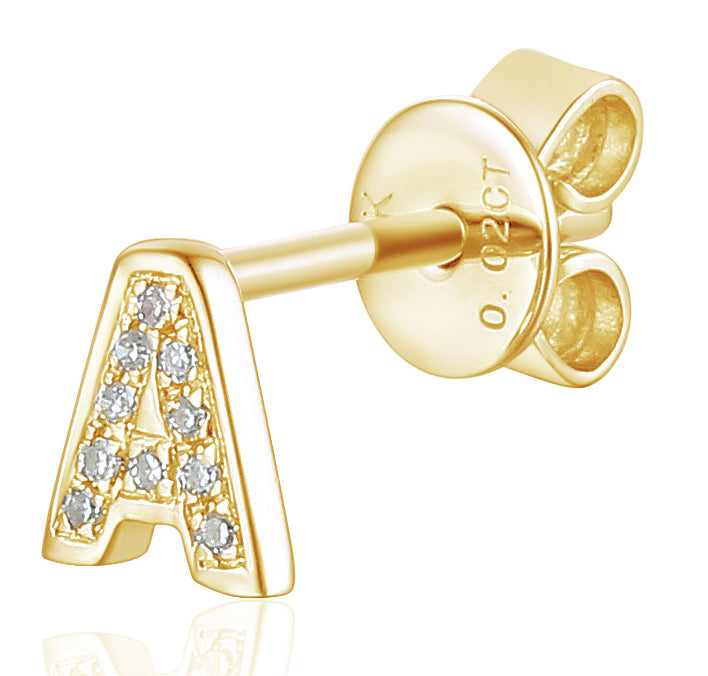 Diamond A Initial Single Stud 9ct Yellow Gold