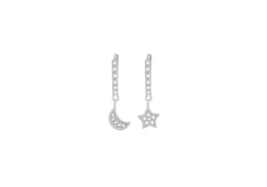 Star and Moon Silver Hoop Earrings