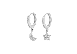 Star and Moon Silver Hoop Earrings