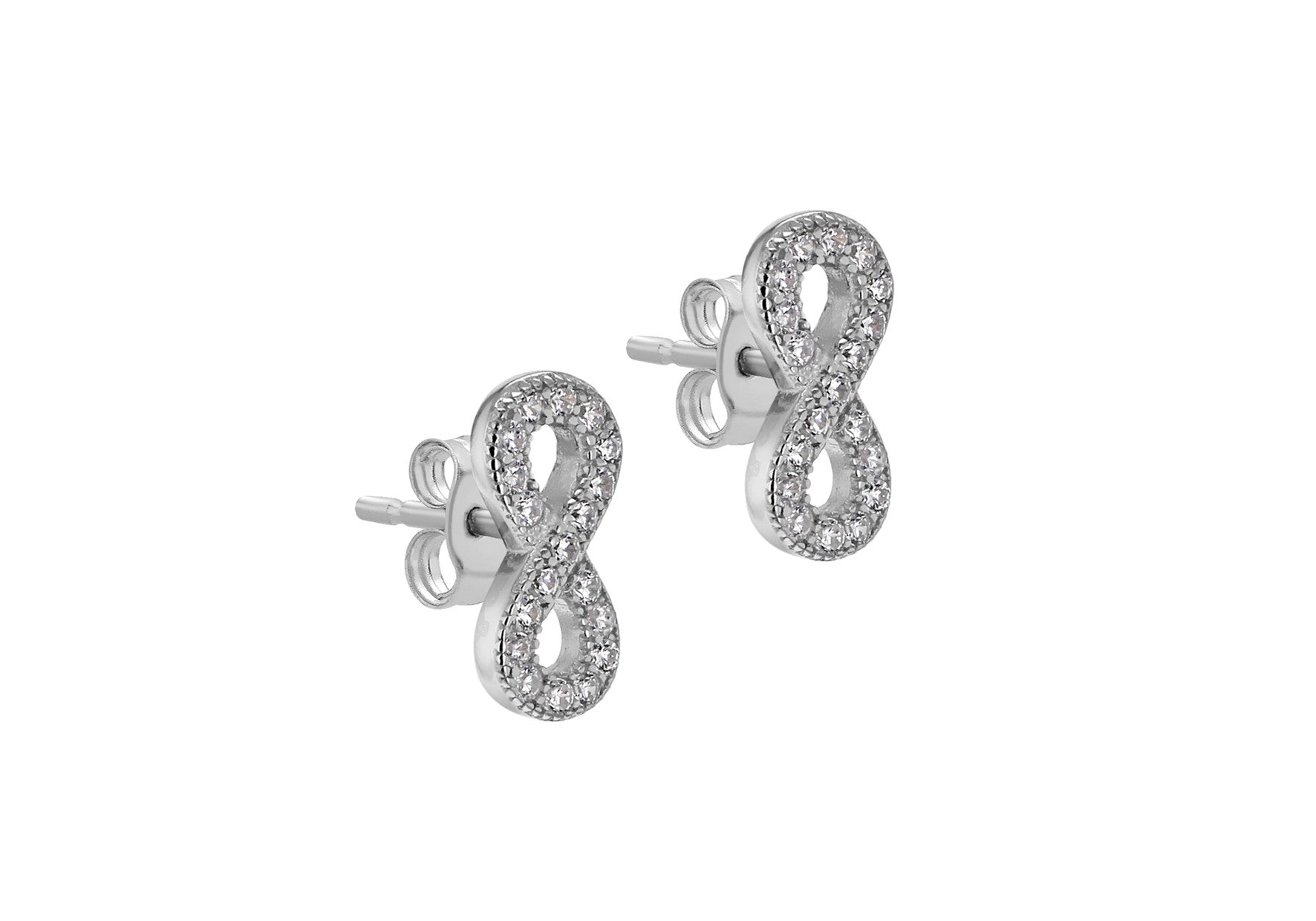 Infinity Stud Earrings with Single Cubic Zirconia, handmade in Sterling  Silver
