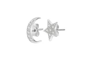 Star and Moon Silver Stud Crystal Earrings