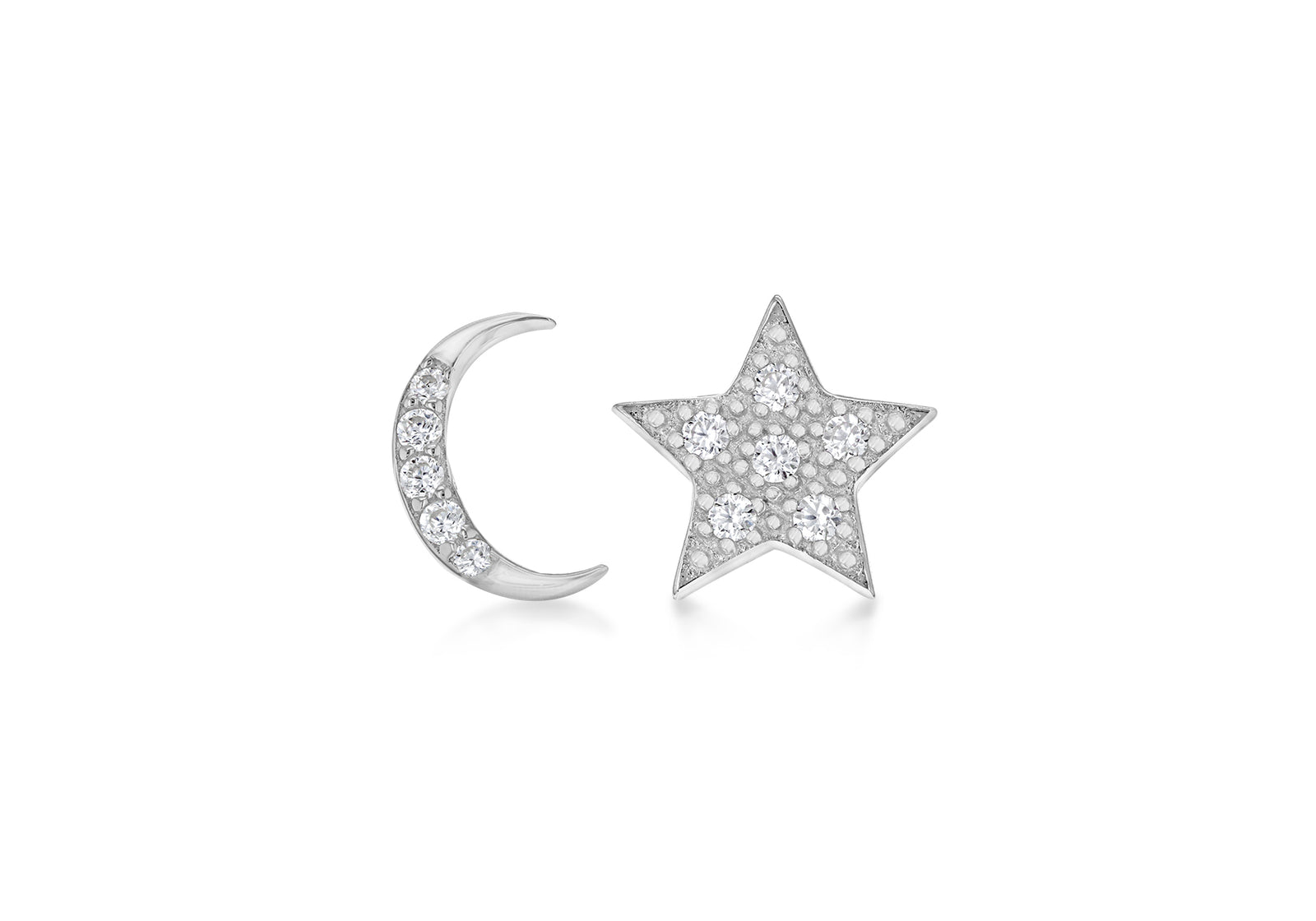 Star and Moon Silver Stud Crystal Earrings