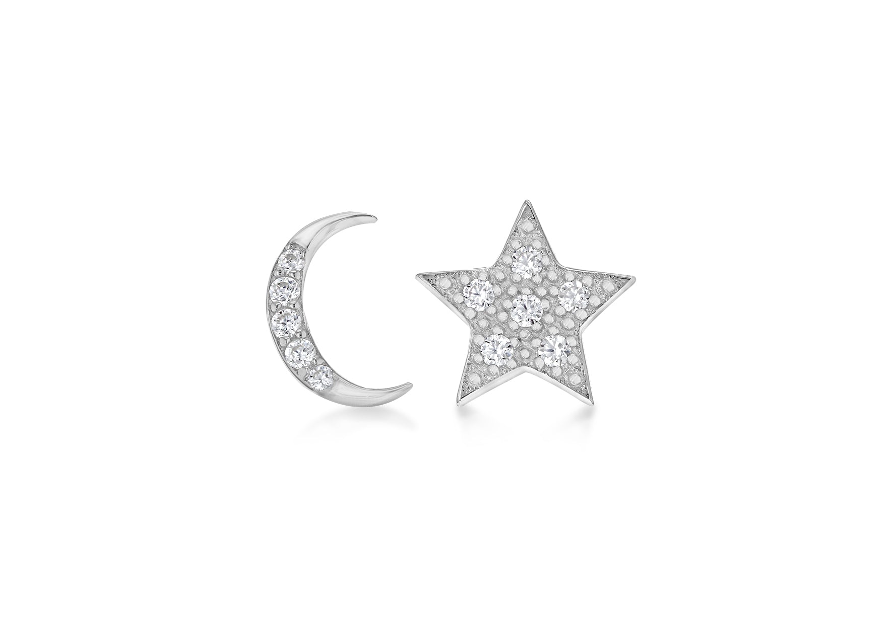 Star and Moon Silver Stud Crystal Earrings