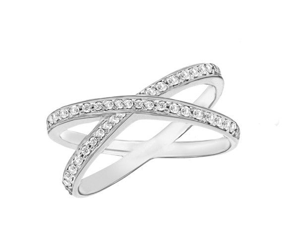 Sterling Silver Cross Over Pave Set Crystal Ring