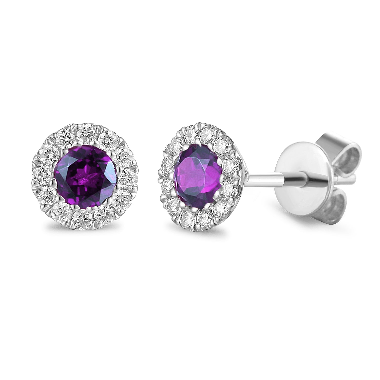 Amethyst & Diamond Earrings, February Birthstone Round Cluster Stud