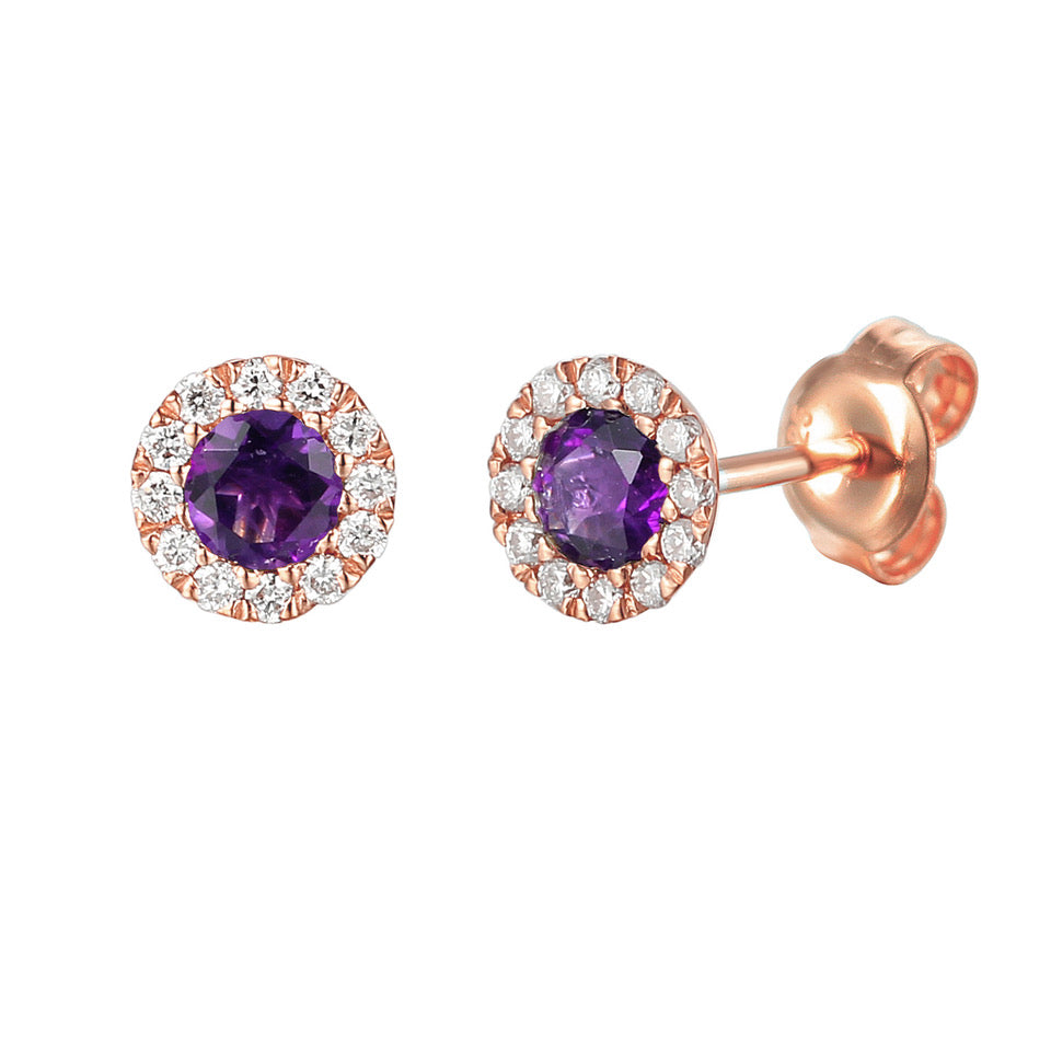 Amethyst & Diamond Earrings, February Birthstone Round Cluster Stud