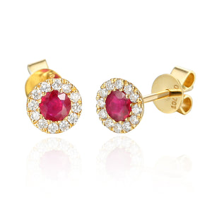 Ruby & Diamond Earrings, July Birthstone Round Cluster Stud