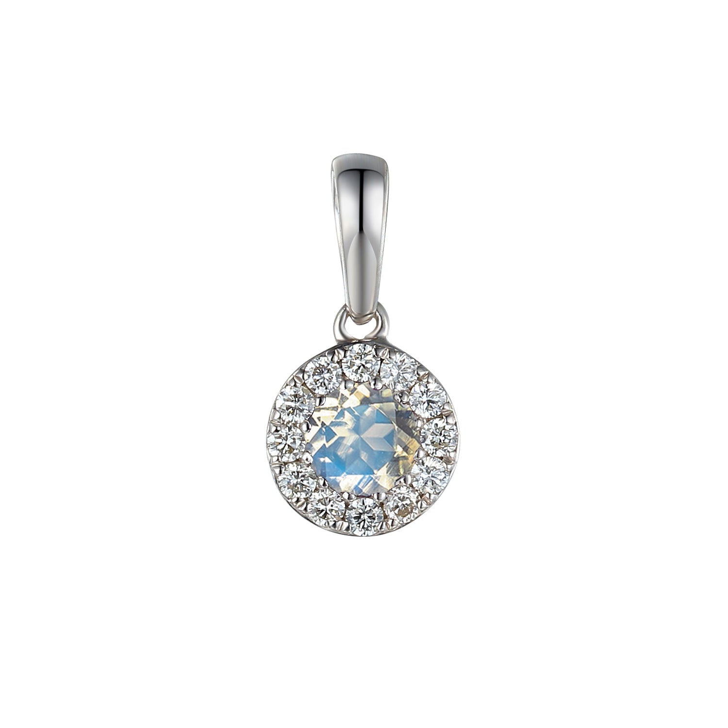 Moonstone & Diamond Necklace, June Birthstone Round Cluster
