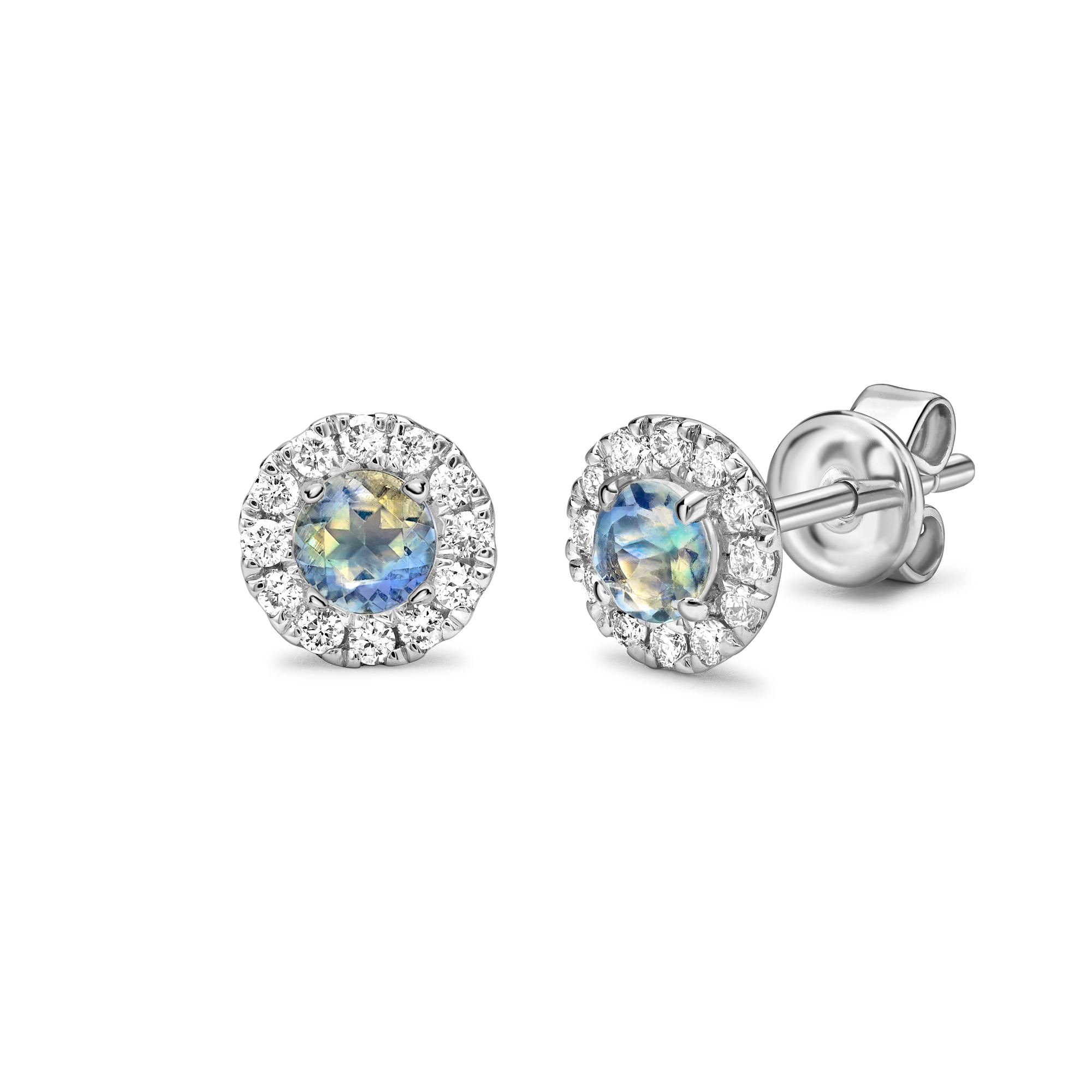 June Birthstone Moonstone and Diamond Cluster 9ct gold studs