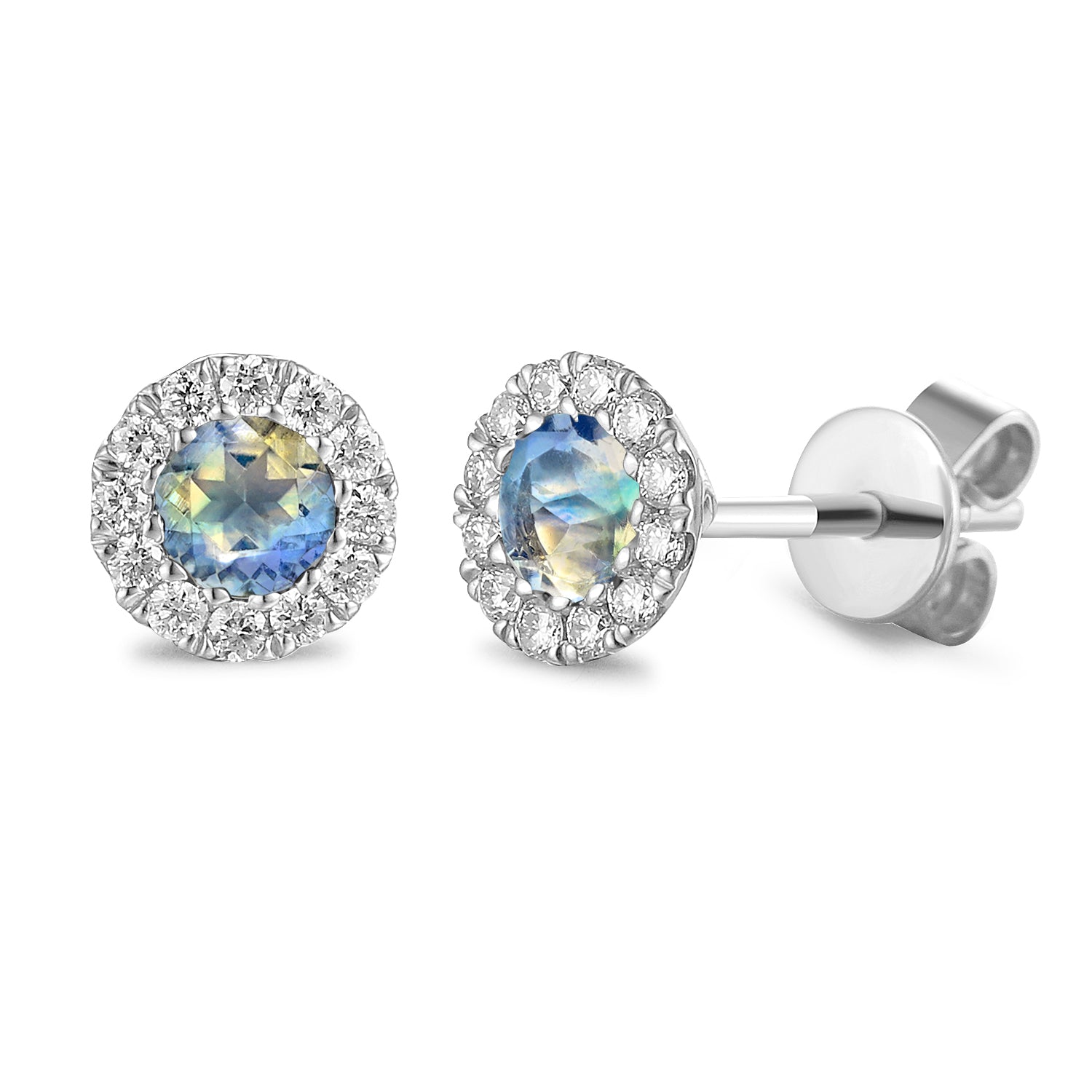 Moonstone & Diamond Earrings, June Birthstone Round Cluster