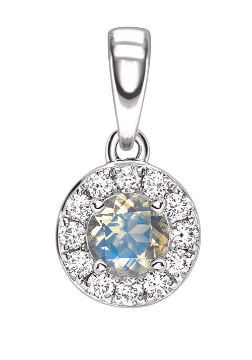 Moonstone & Diamond Necklace, June Birthstone Round Cluster