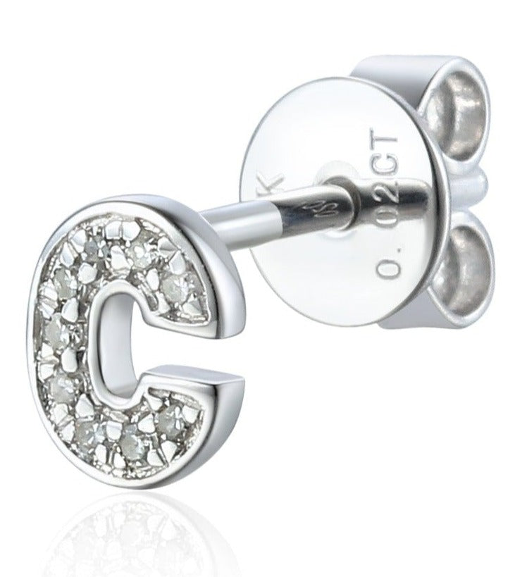 Diamond C Initial Single Stud 9ct White Gold