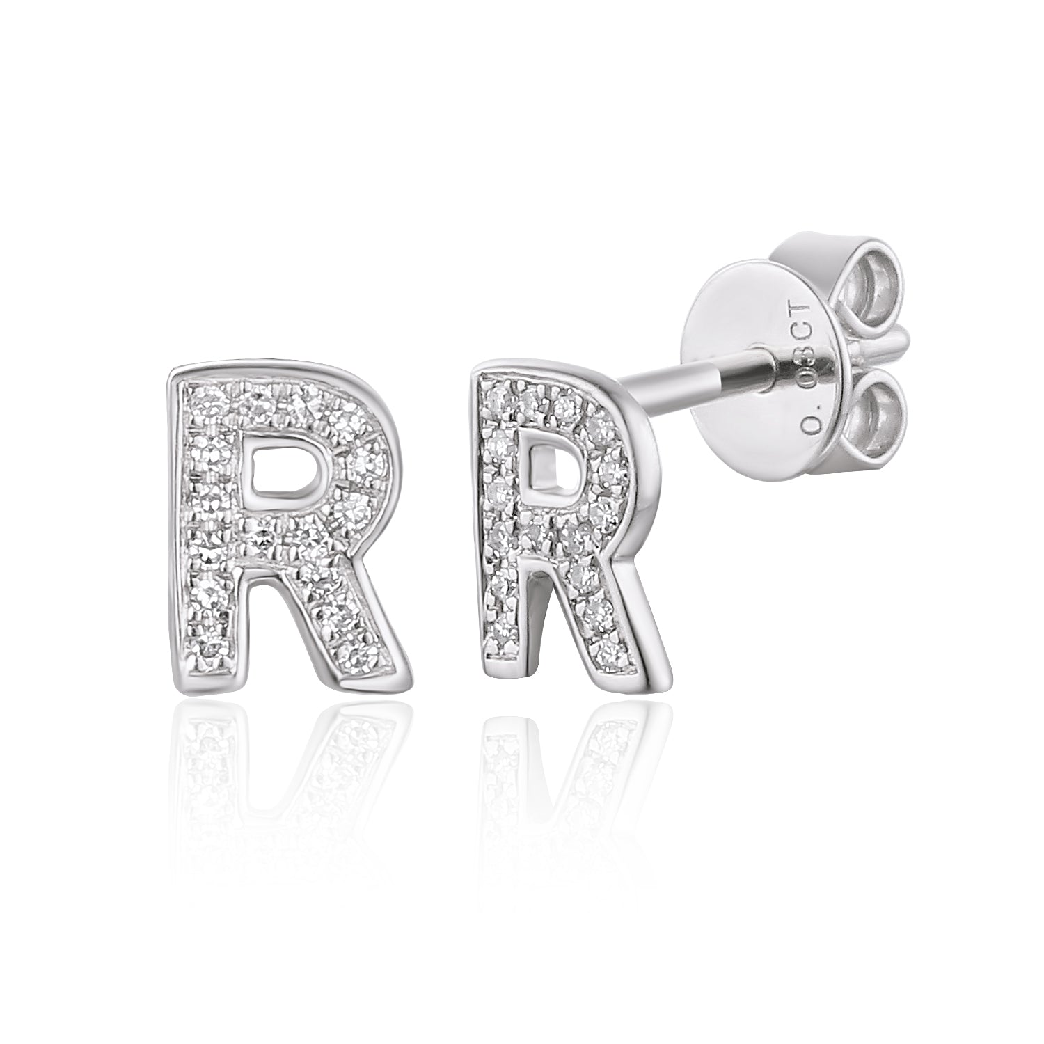 Diamond R Initial Single Stud 9ct White Gold