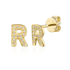 Diamond R Initial Single Stud 9ct Yellow Gold