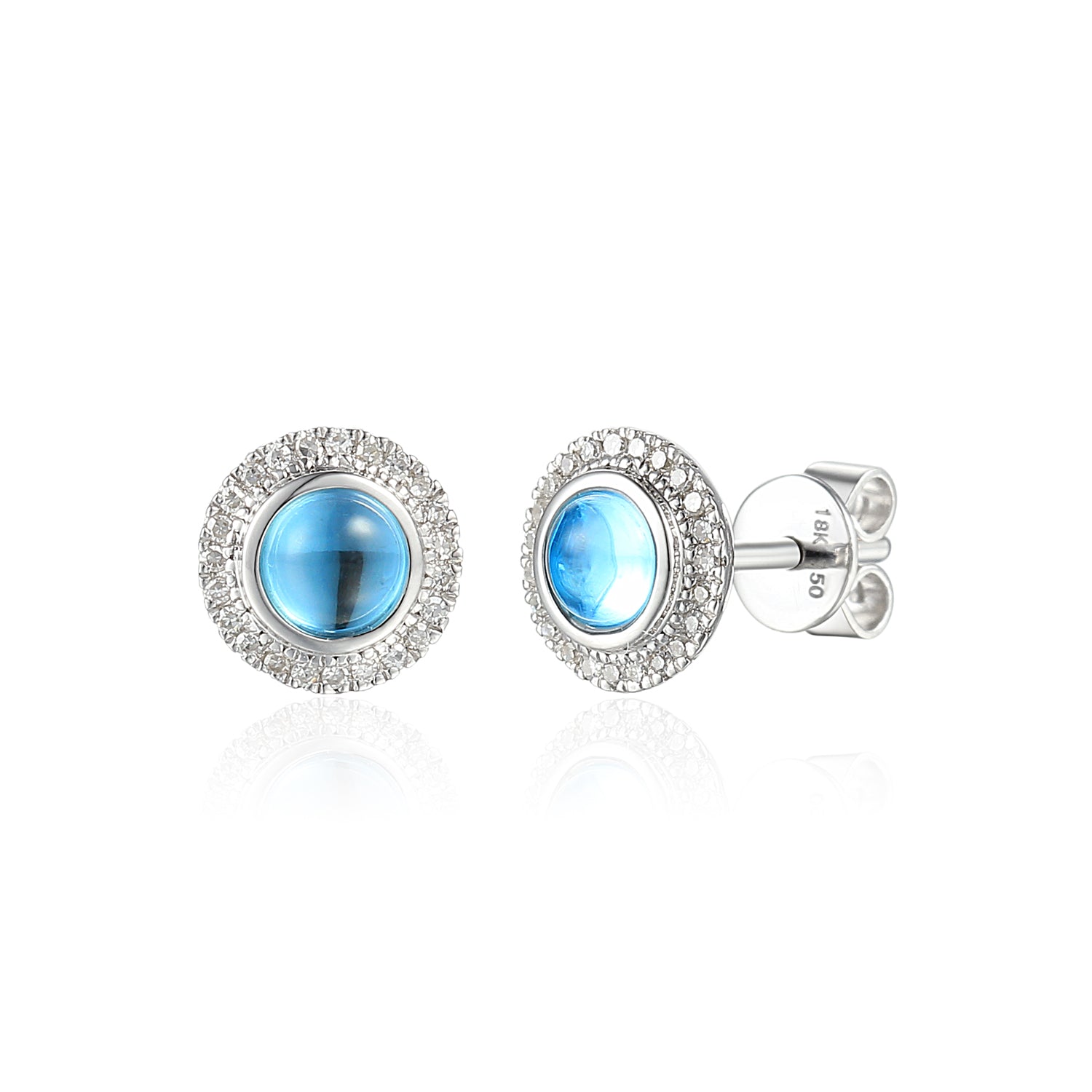 9ct White Gold Round Cabochon Blue Topaz and Diamond Earring