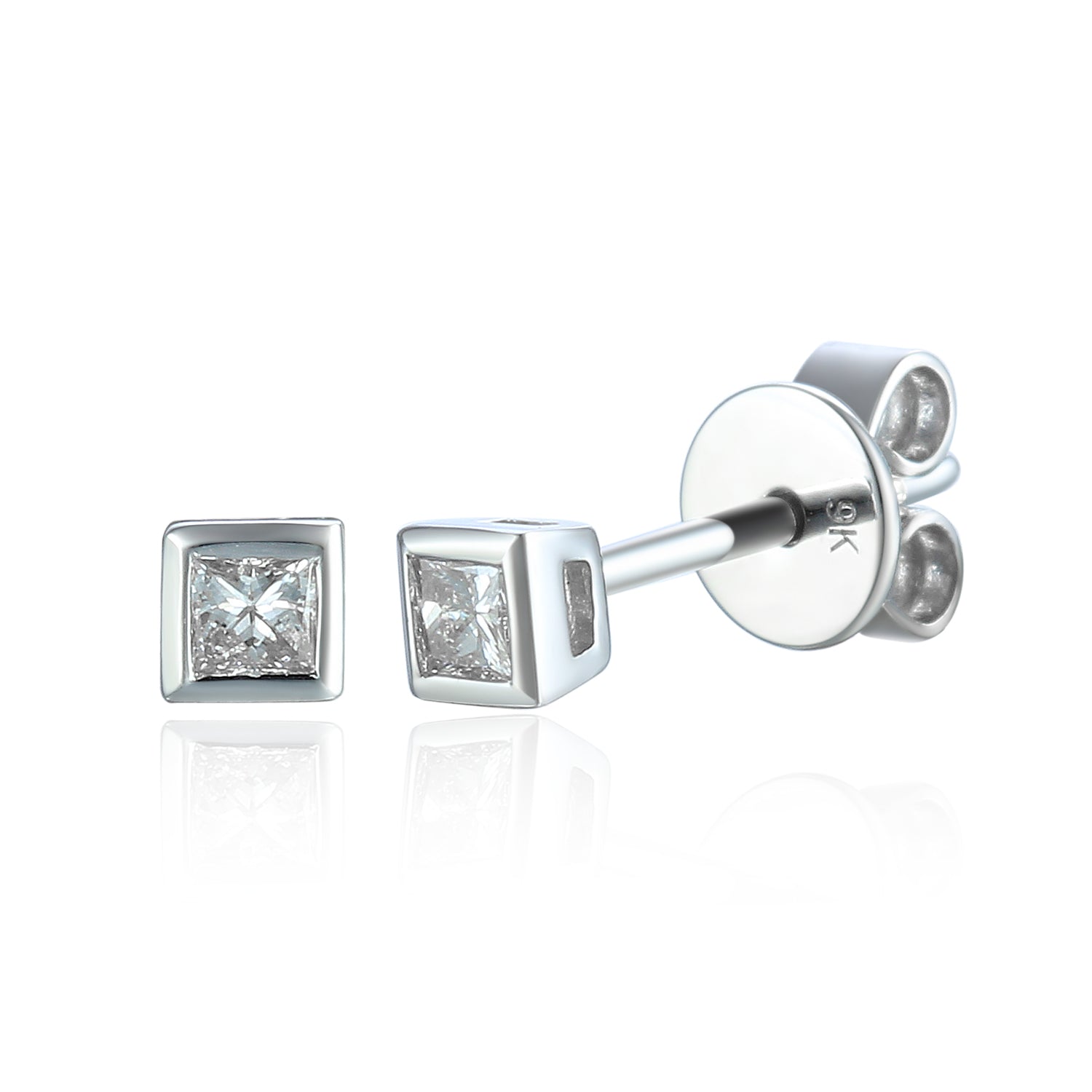 Small Princess Cut Diamond Rubover set White Gold Studs