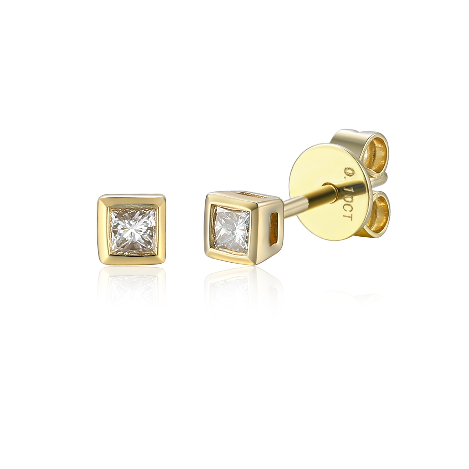 Small Princess Cut Diamond Rubover set Yellow Gold Studs