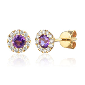 Amethyst & Diamond Earrings, February Birthstone Round Cluster Stud