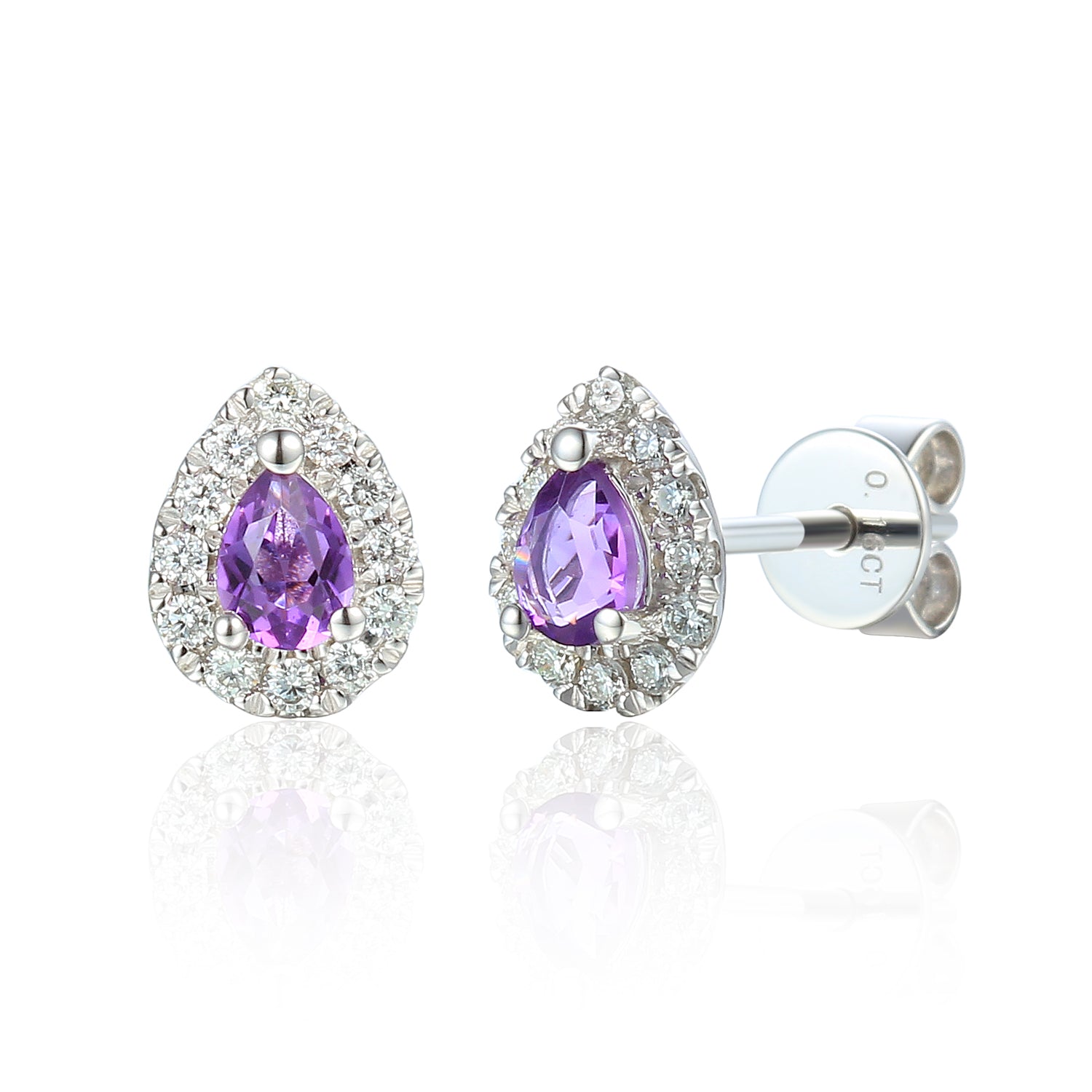 February Birthstone Pear Shape Amethyst and Diamond Cluster 9ct white gold studs