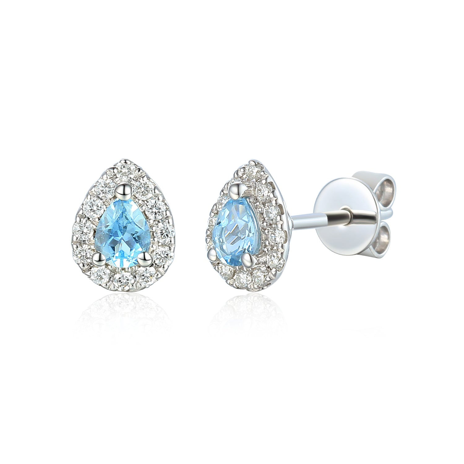 March Birthstone Pear Shape Aqua and Diamond Cluster 9ct white gold studs