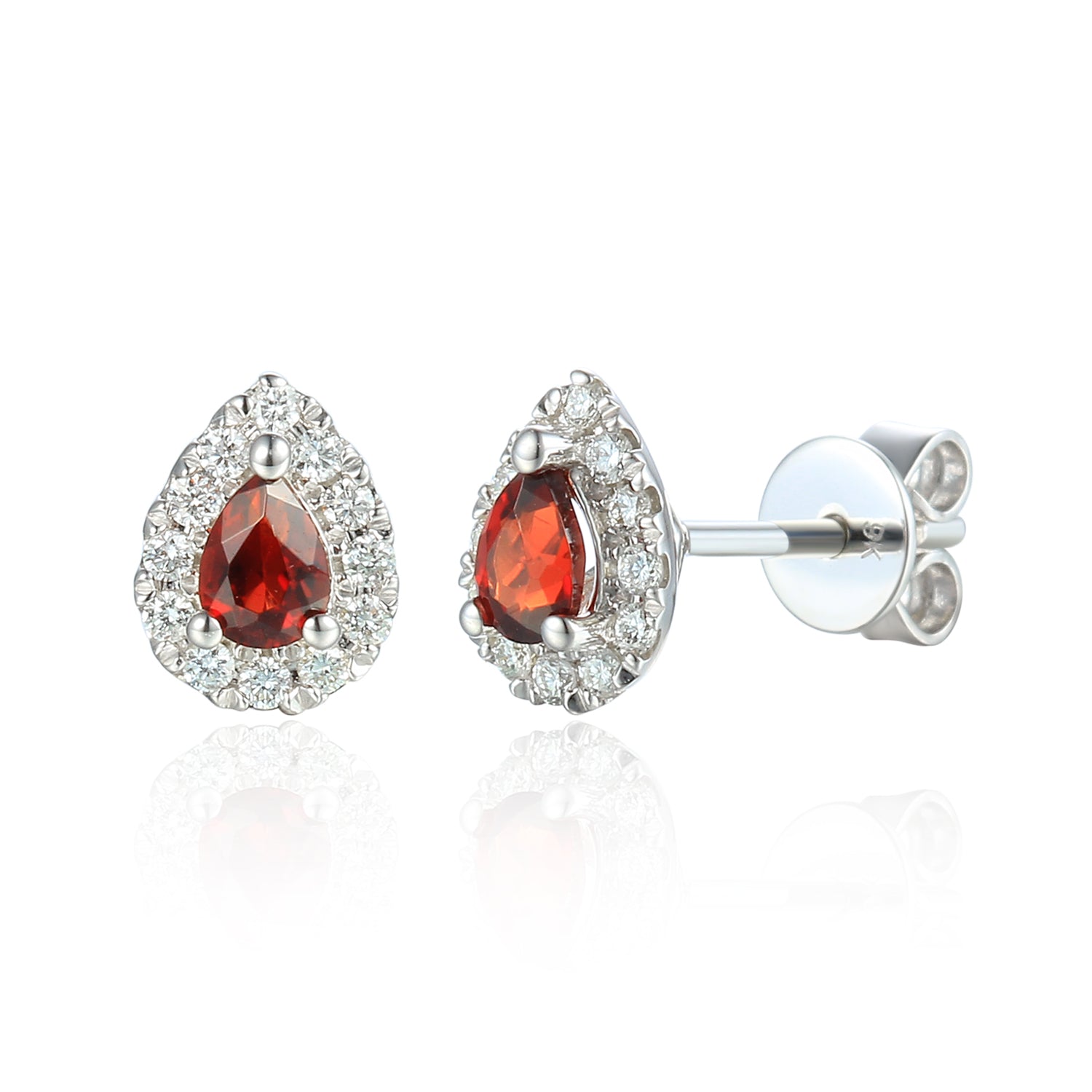 Diamond & Garnet Stud Earrings, Pear Shape January Birthstone